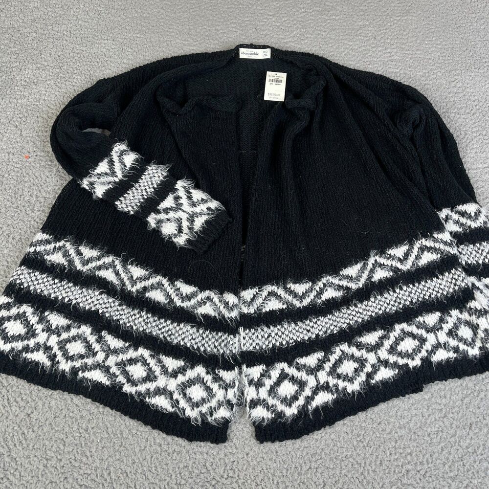 ABERCROMBIE & FITCH Cardigan Sweater Girls M 12 Black White Fair Isle Open Front